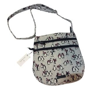 Vera Bradley Playful Penguins Gray Quilted Cotton On the Go Crossbody Bag NWT